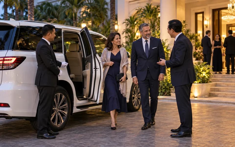 Formally dressed guests arriving beside a white vehicle at an evening reception.