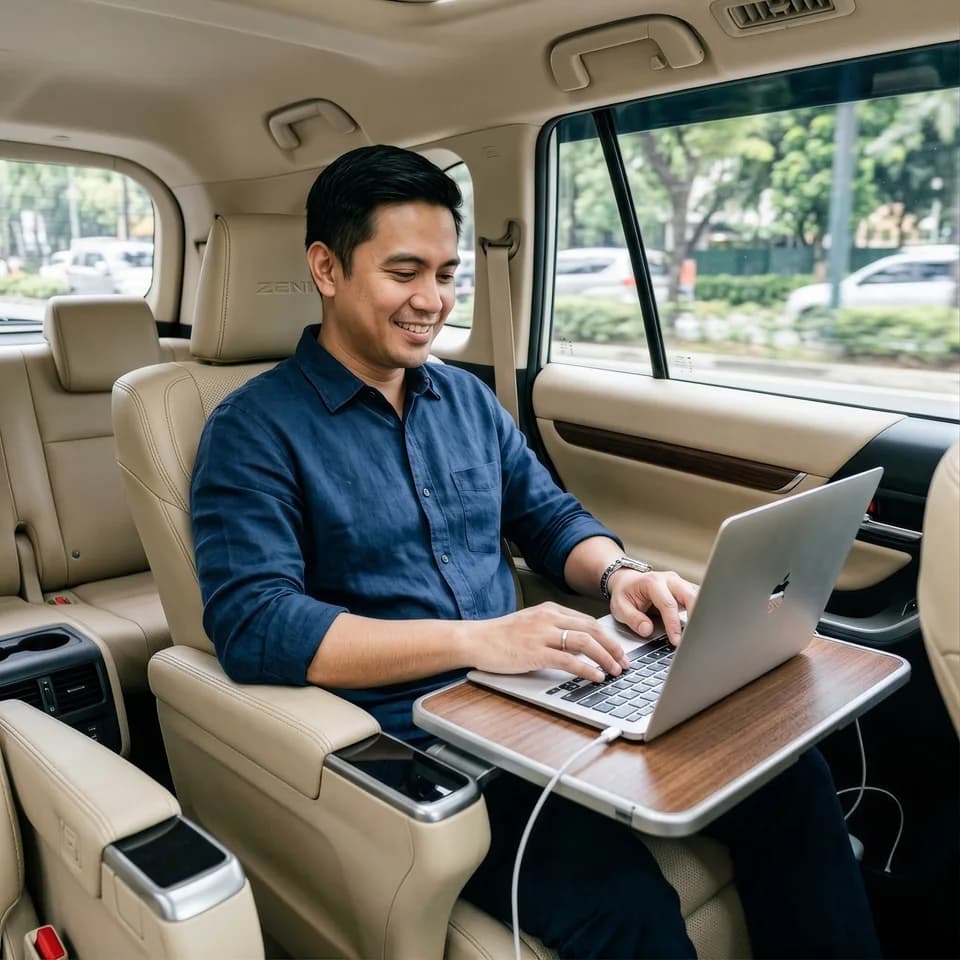 A passenger using a laptop in a vehicle with tan seats.