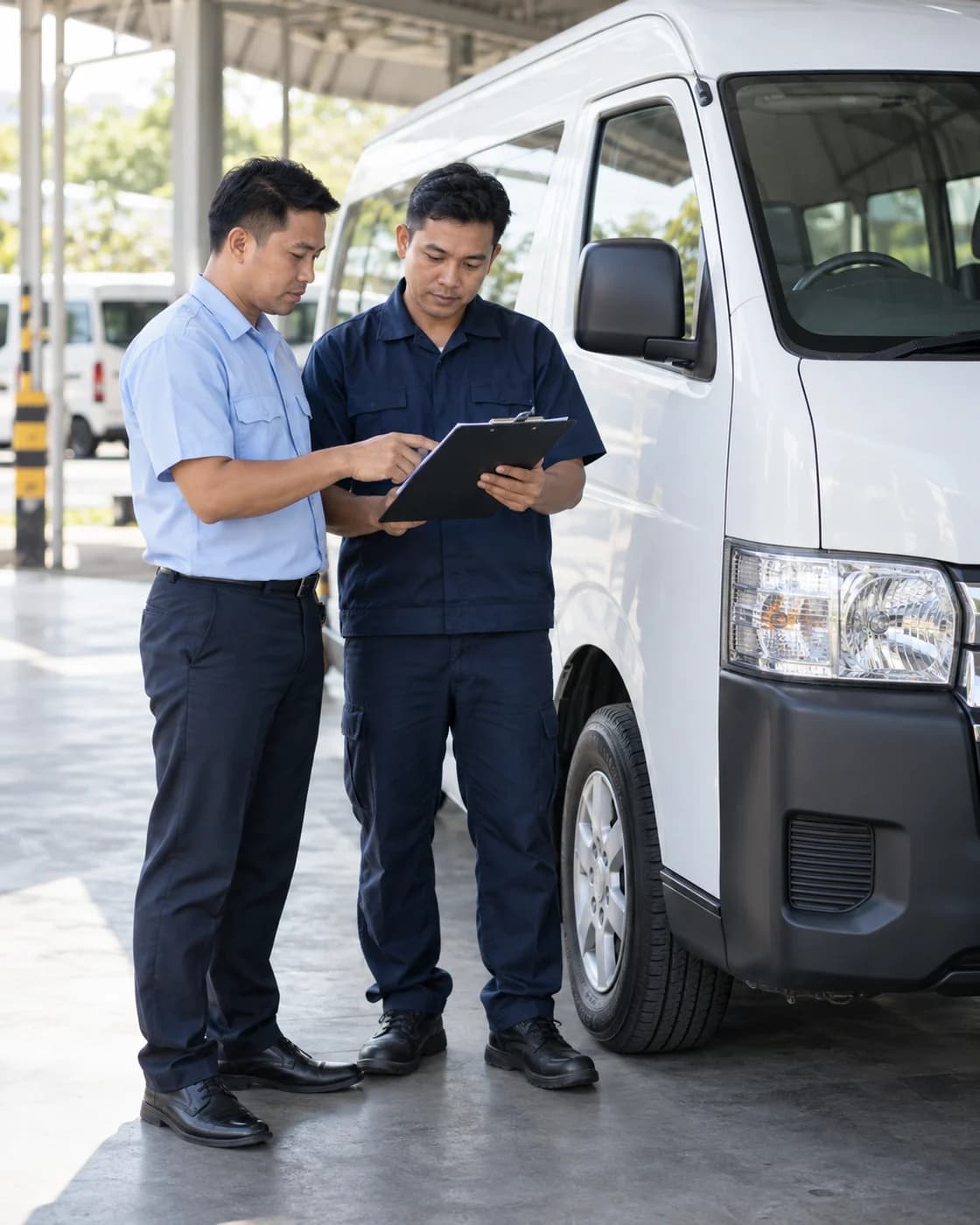A driver and fleet technician reviewing a pre-trip inspection checklist beside a passenger van.